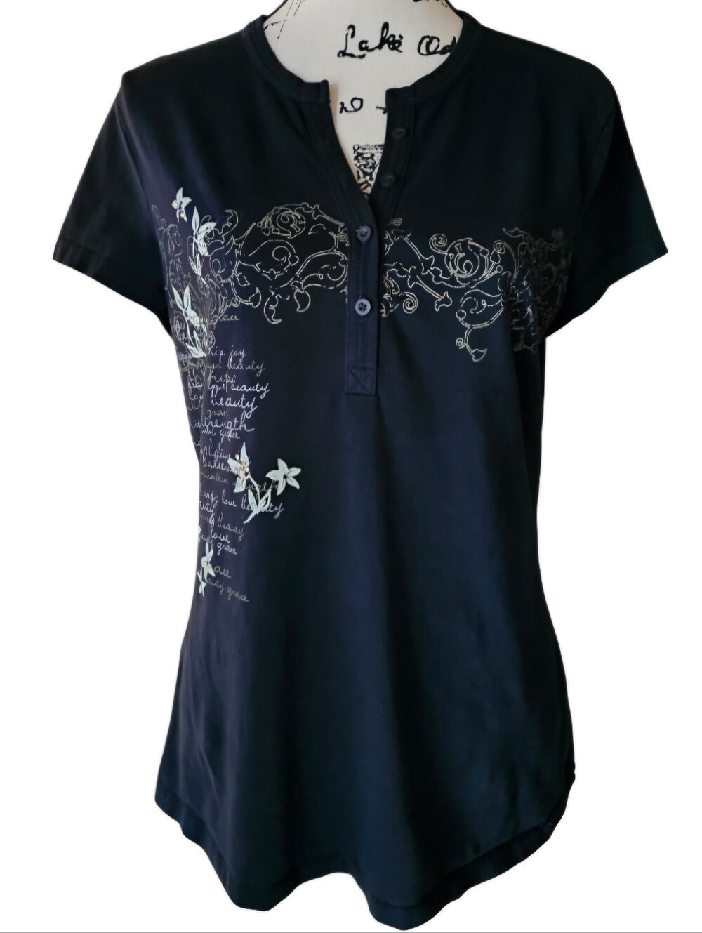 Sonoma Black Short-Sleeve Henley with Tan Floral Script